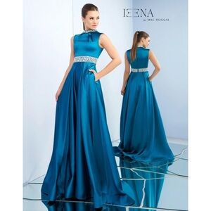 NWT IEENA Mac Duggal Bejeweled High Neck Gown 12 Teal Flash Embellished 26063